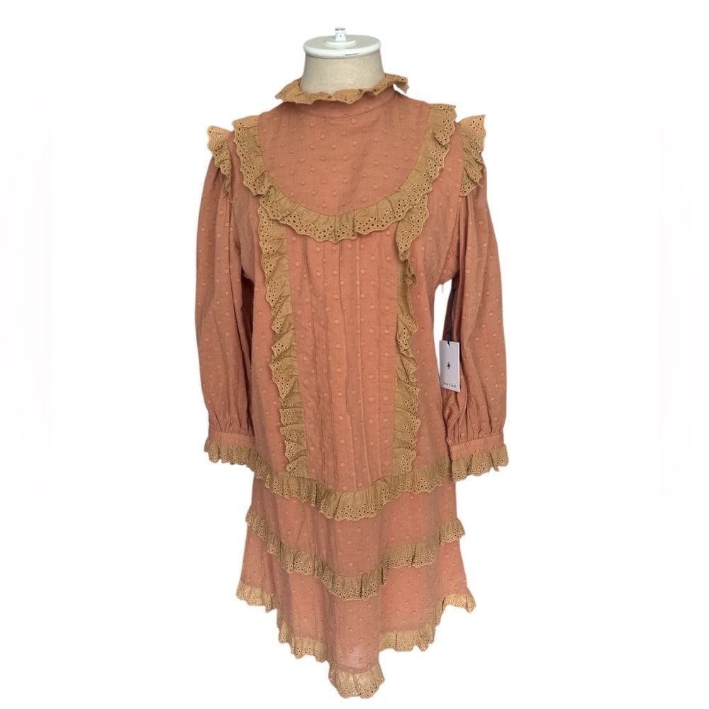 NWT Stellah NYC long sleeved moc neck eyelet lace dress in cinnamon.